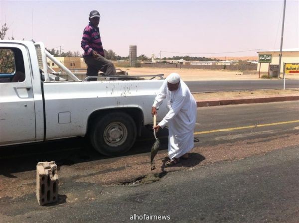 مواطن يقوم بصيانة الشارع العام بإغلاق الحفر في الاسفلت