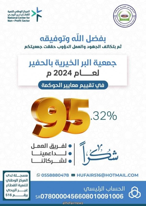 جمعية البر الخيرية بالحفير تحقق 95.32% في تقييم الحوكمة لعام 2024